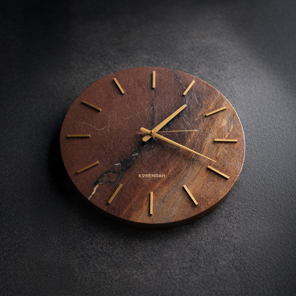 Brown Leather Gold - Kahverengi Mermer Deri Dokulu Duvar Saati - 0123