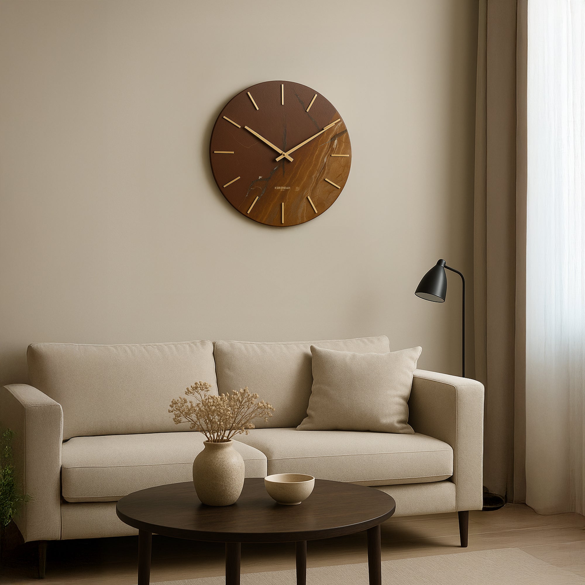 Brown Leather Gold - Kahverengi Mermer Deri Dokulu Duvar Saati - 0123