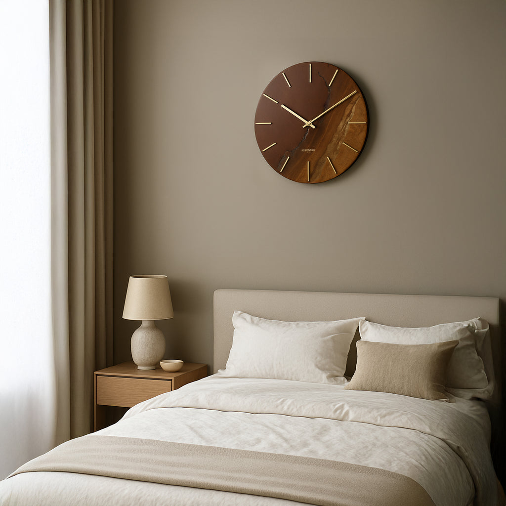 Brown Leather Gold - Kahverengi Mermer Deri Dokulu Duvar Saati - 0123